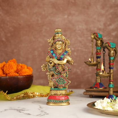 Exquisite 9-Inch Brass Radha Idol with Stunning Stonework - Budhshiv.com