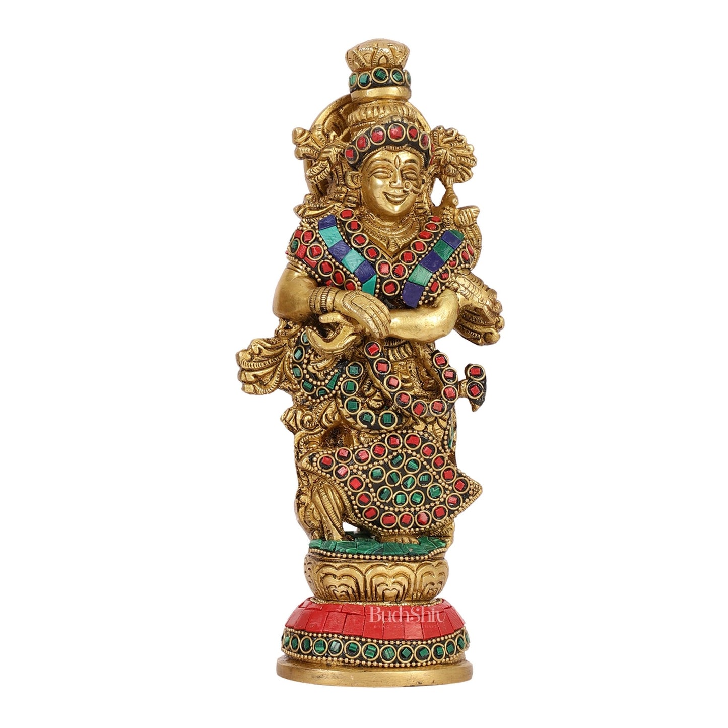 Exquisite 9-Inch Brass Radha Idol with Stunning Stonework - Budhshiv.com