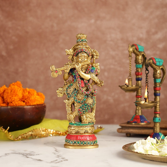 Exquisite 9.5-Inch Brass Krishna Idol with Stunning Natural Stone Meenakari - Budhshiv.com