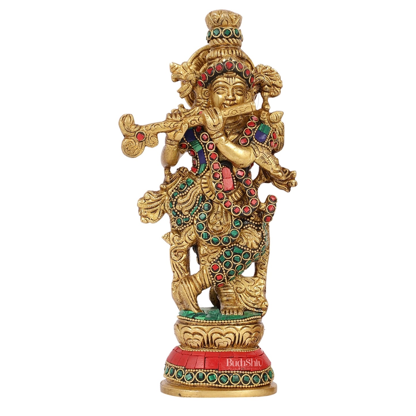 Exquisite 9.5-Inch Brass Krishna Idol with Stunning Natural Stone Meenakari - Budhshiv.com