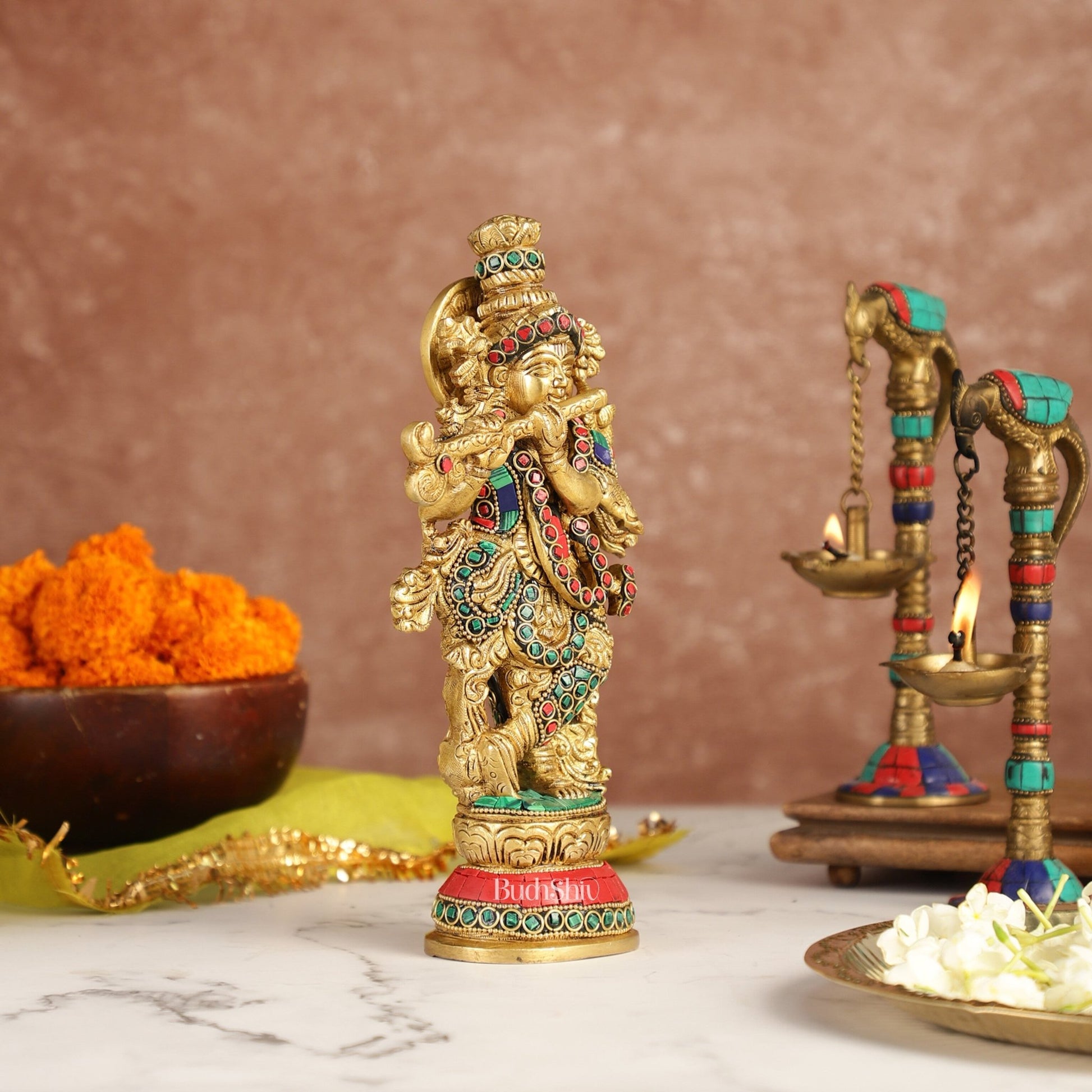 Exquisite 9.5-Inch Brass Krishna Idol with Stunning Natural Stone Meenakari - Budhshiv.com