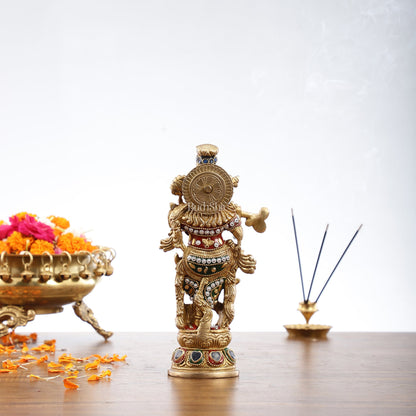 Exquisite 9.5-Inch Brass Krishna Idol with Stunning Natural Stone Meenakari - Budhshiv.com