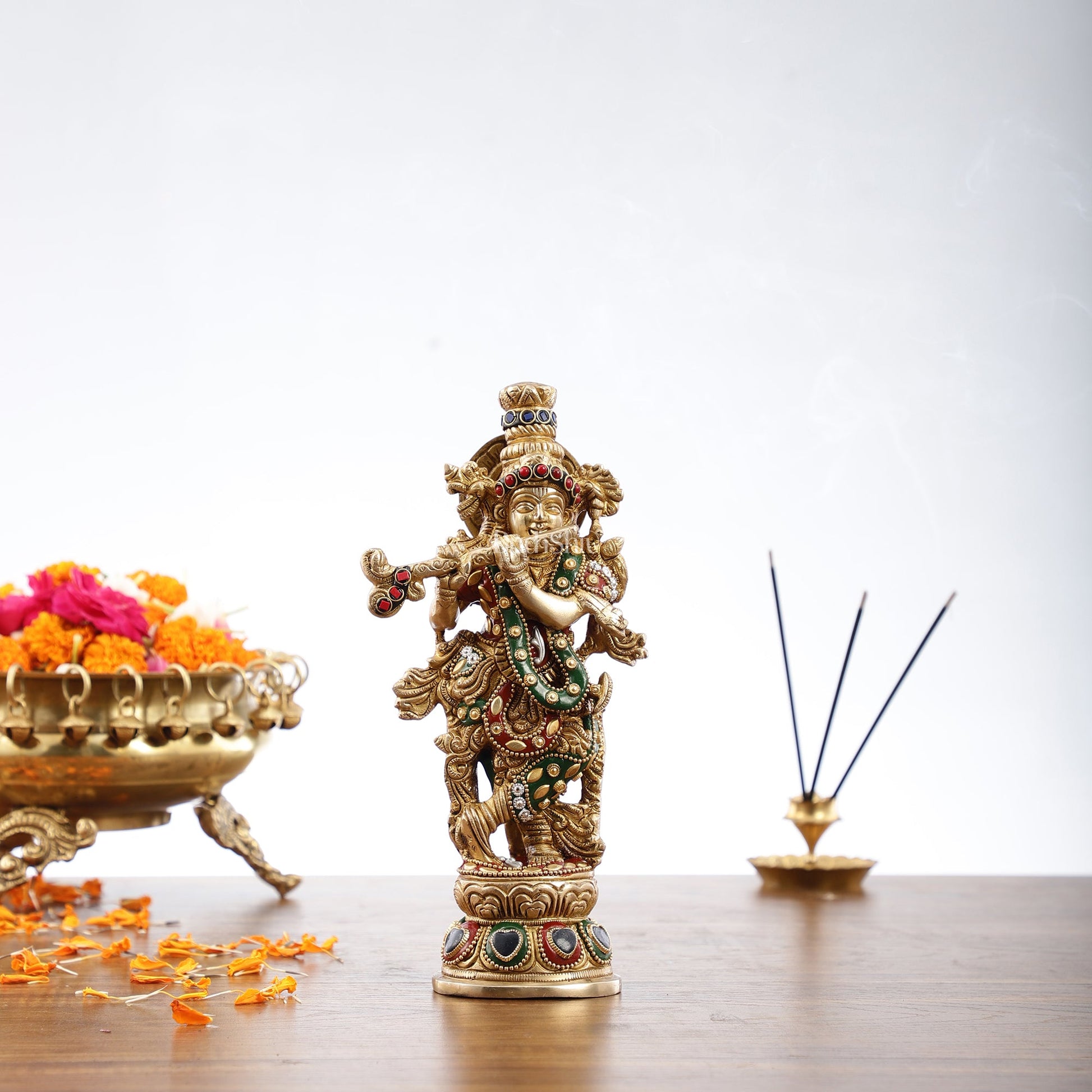 Exquisite 9.5-Inch Brass Krishna Idol with Stunning Natural Stone Meenakari - Budhshiv.com