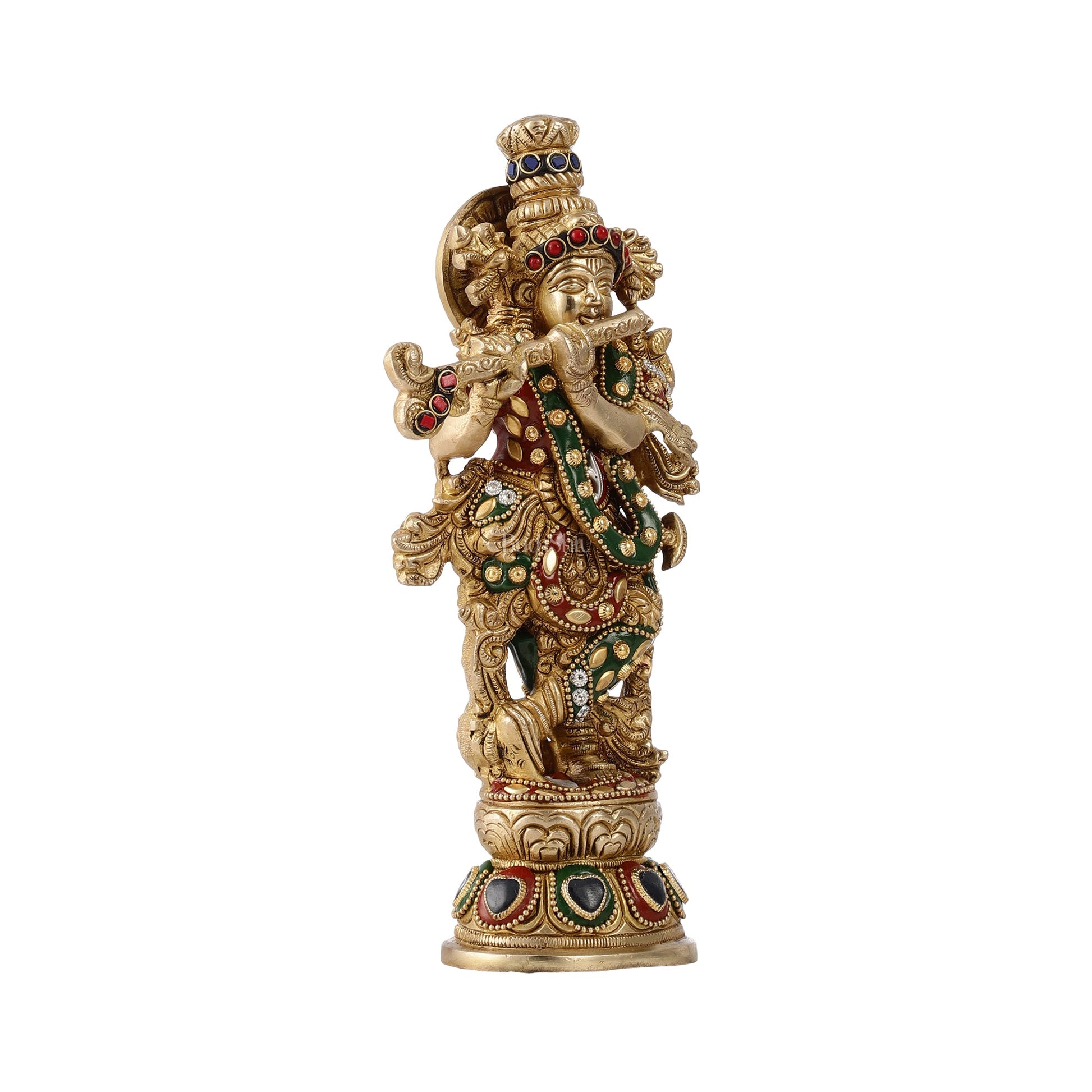 Exquisite 9.5-Inch Brass Krishna Idol with Stunning Natural Stone Meenakari - Budhshiv.com