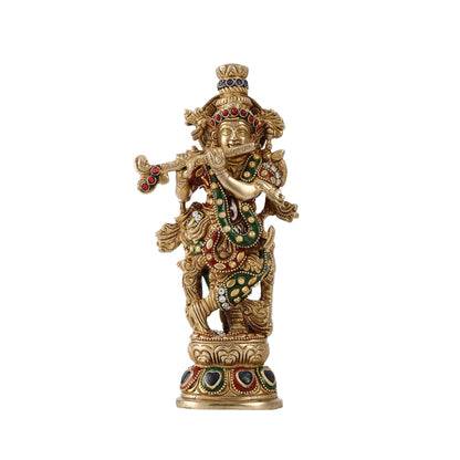 Exquisite 9.5-Inch Brass Krishna Idol with Stunning Natural Stone Meenakari - Budhshiv.com