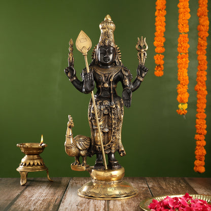 Exquisite Black Gold Brass Murugan KumarSwamy Kartikeya Statue with Peacock | 20" Height - Budhshiv.com