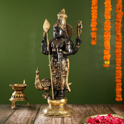 Exquisite Black Gold Brass Murugan KumarSwamy Kartikeya Statue with Peacock | 20" Height - Budhshiv.com