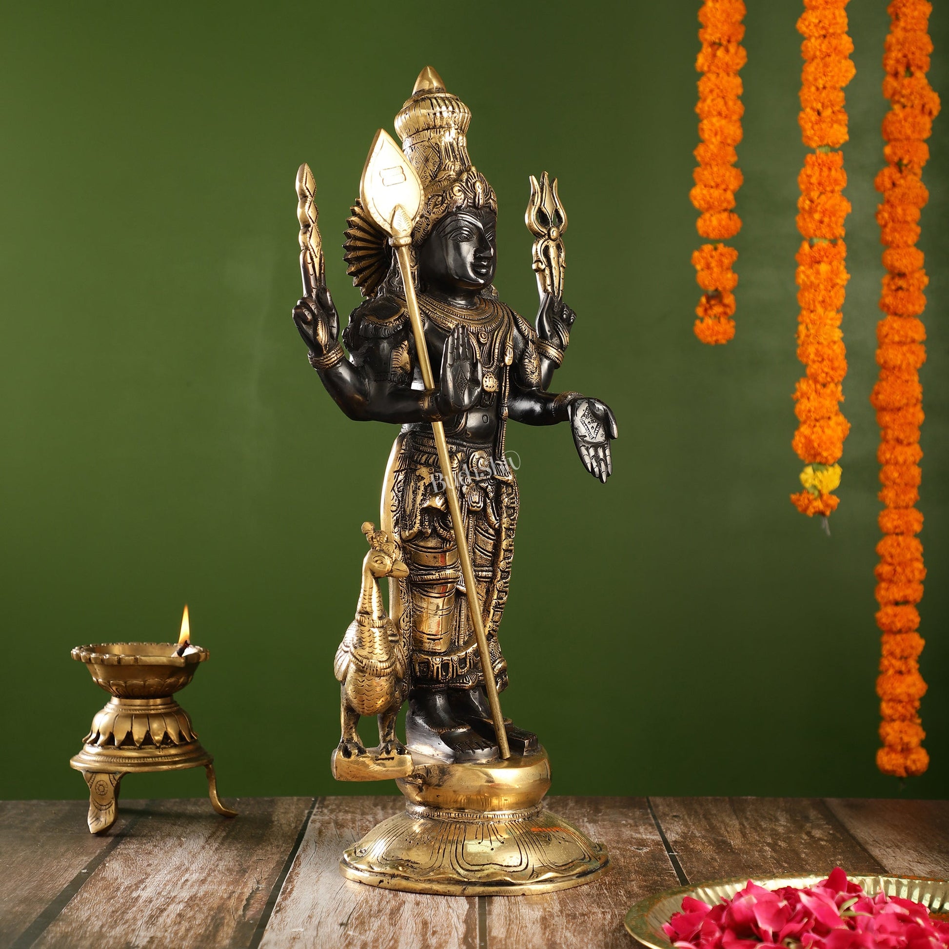Exquisite Black Gold Brass Murugan KumarSwamy Kartikeya Statue with Peacock | 20" Height - Budhshiv.com