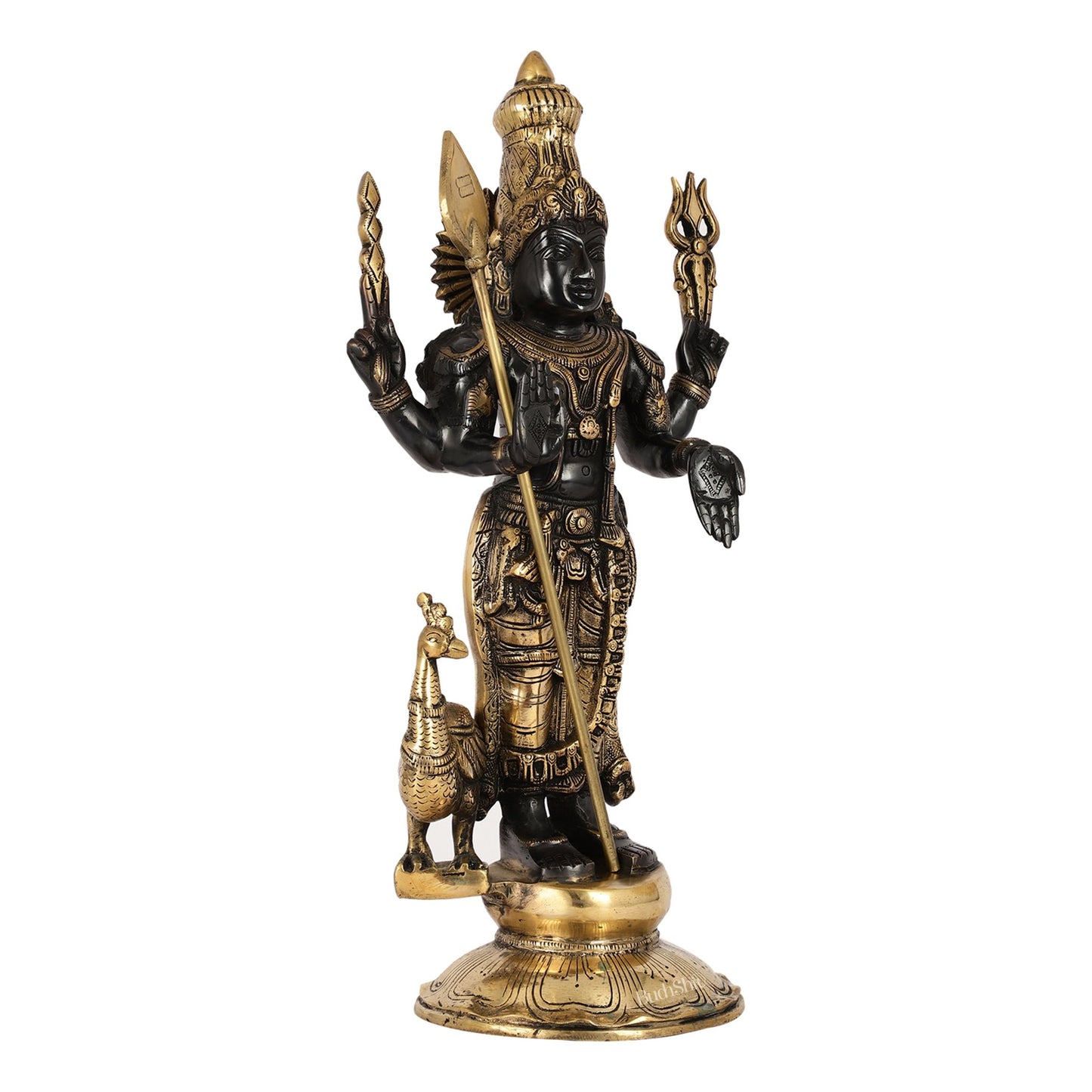 Exquisite Black Gold Brass Murugan KumarSwamy Kartikeya Statue with Peacock | 20" Height - Budhshiv.com