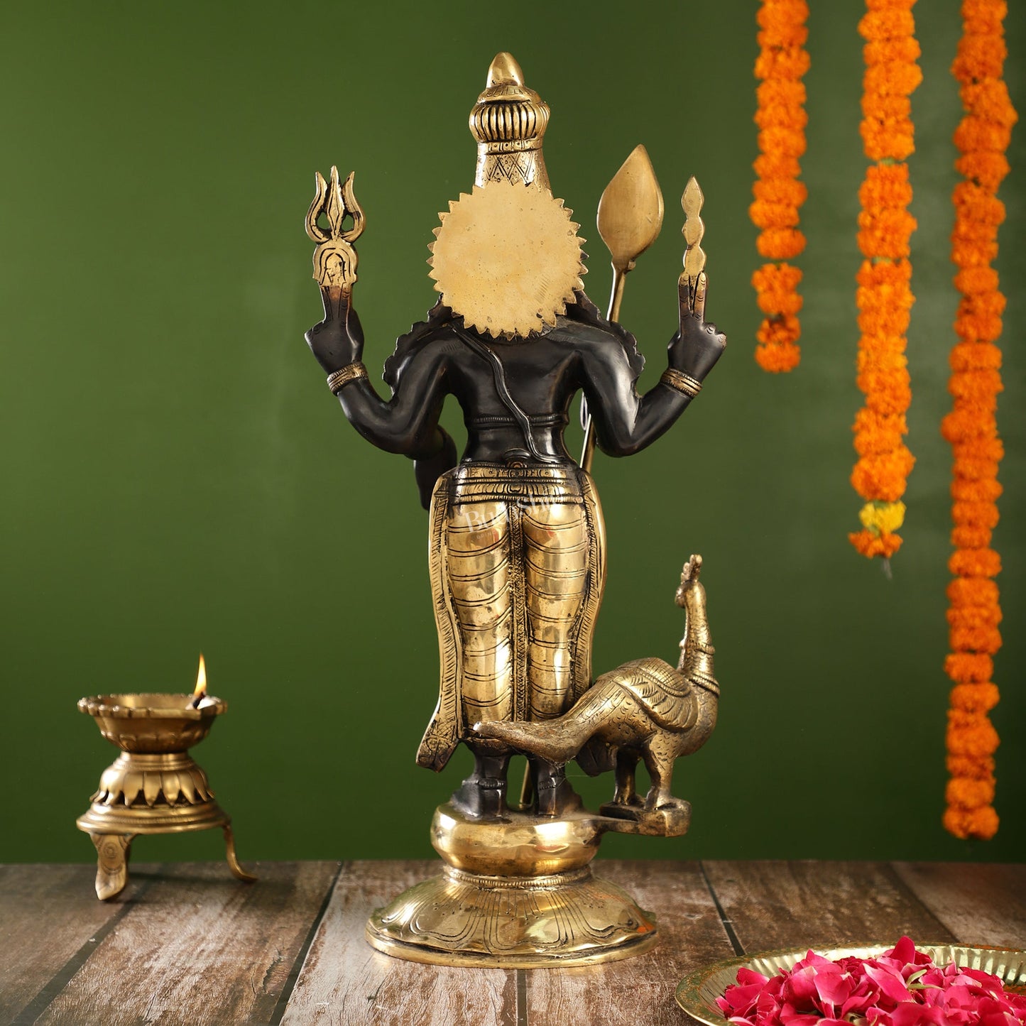 Exquisite Black Gold Brass Murugan KumarSwamy Kartikeya Statue with Peacock | 20" Height - Budhshiv.com