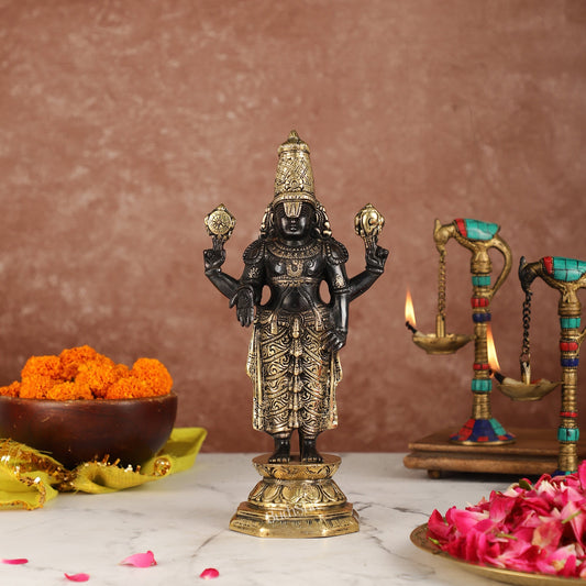Exquisite Black & Gold Brass Tirupati Balaji Statue | 12" Height | Divine Elegance - Budhshiv.com