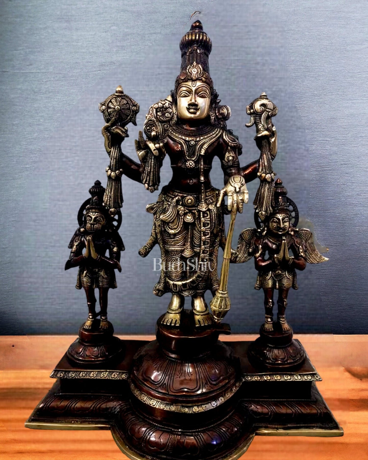 Exquisite Brass Antique Brown Patina Vishnu Statue with Garuda and Hanuman - 24" Standing Sculpture - Budhshiv.com