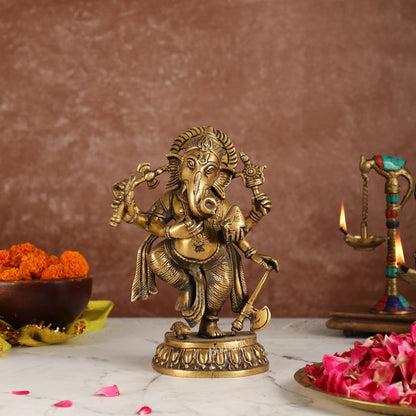 Exquisite Brass Antique Finish Dancing Ganapati with 6 Arms - 10 inches Height - Budhshiv.com