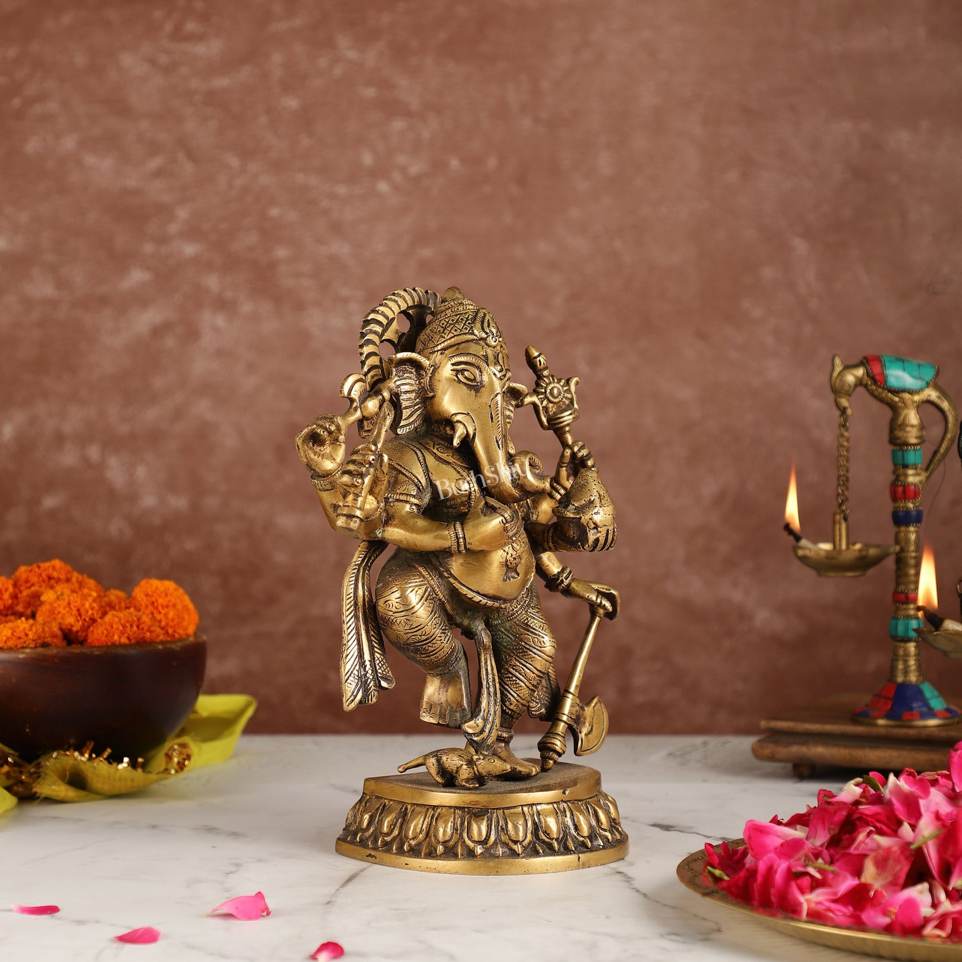 Exquisite Brass Antique Finish Dancing Ganapati with 6 Arms - 10 inches Height - Budhshiv.com