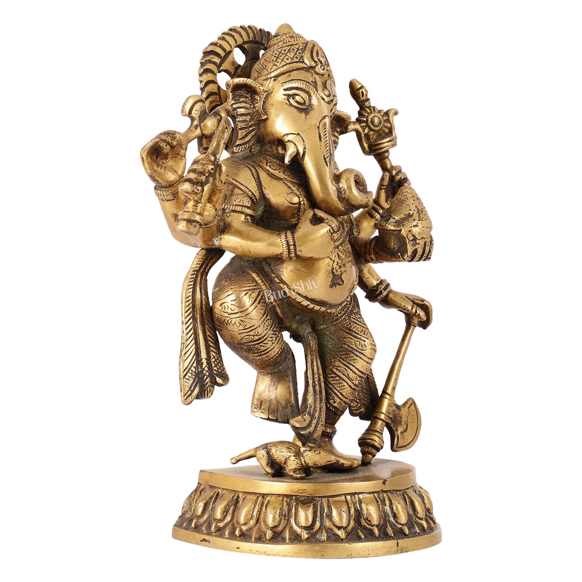 Exquisite Brass Antique Finish Dancing Ganapati with 6 Arms - 10 inches Height - Budhshiv.com