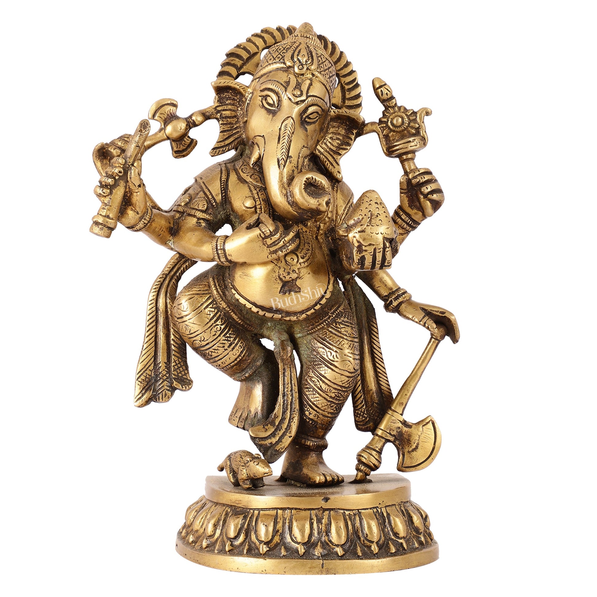 Exquisite Brass Antique Finish Dancing Ganapati with 6 Arms - 10 inches Height - Budhshiv.com