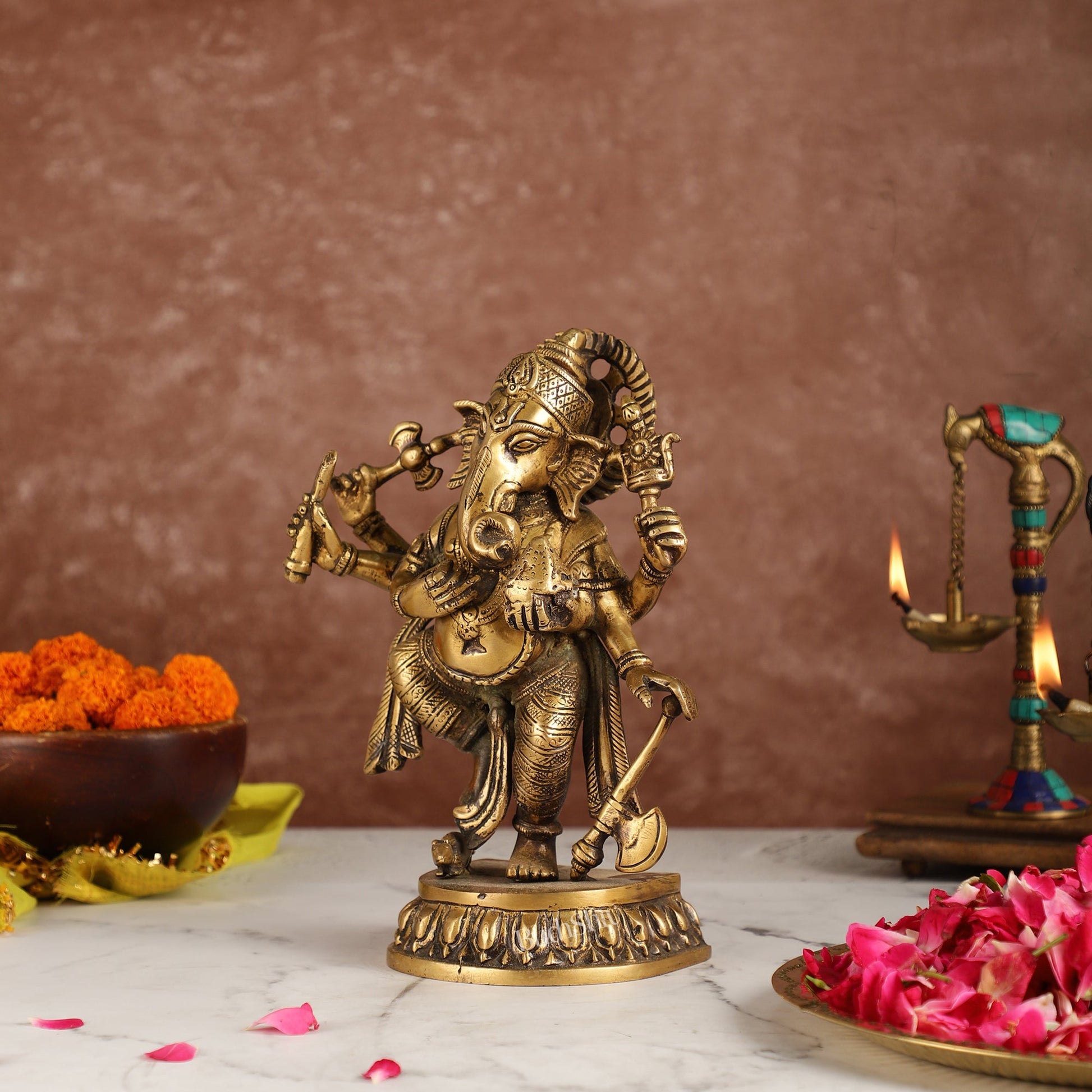 Exquisite Brass Antique Finish Dancing Ganapati with 6 Arms - 10 inches Height - Budhshiv.com