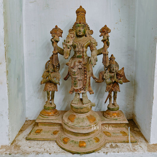 Exquisite Brass Antique Sand Patina Vishnu Statue with Garuda and Hanuman - 24" Standing Sculpture - Budhshiv.com