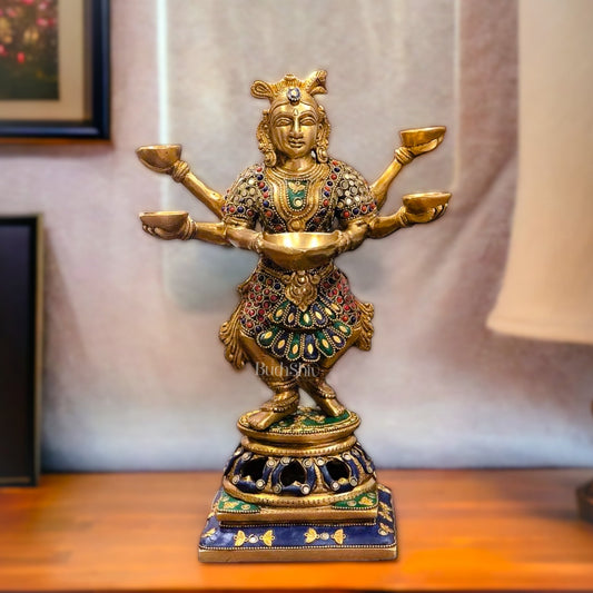 Exquisite Brass Deep Dancing Deep Lakshmi Pavaai Vilakku | 6 Arms | 14-inch SW - Budhshiv.com