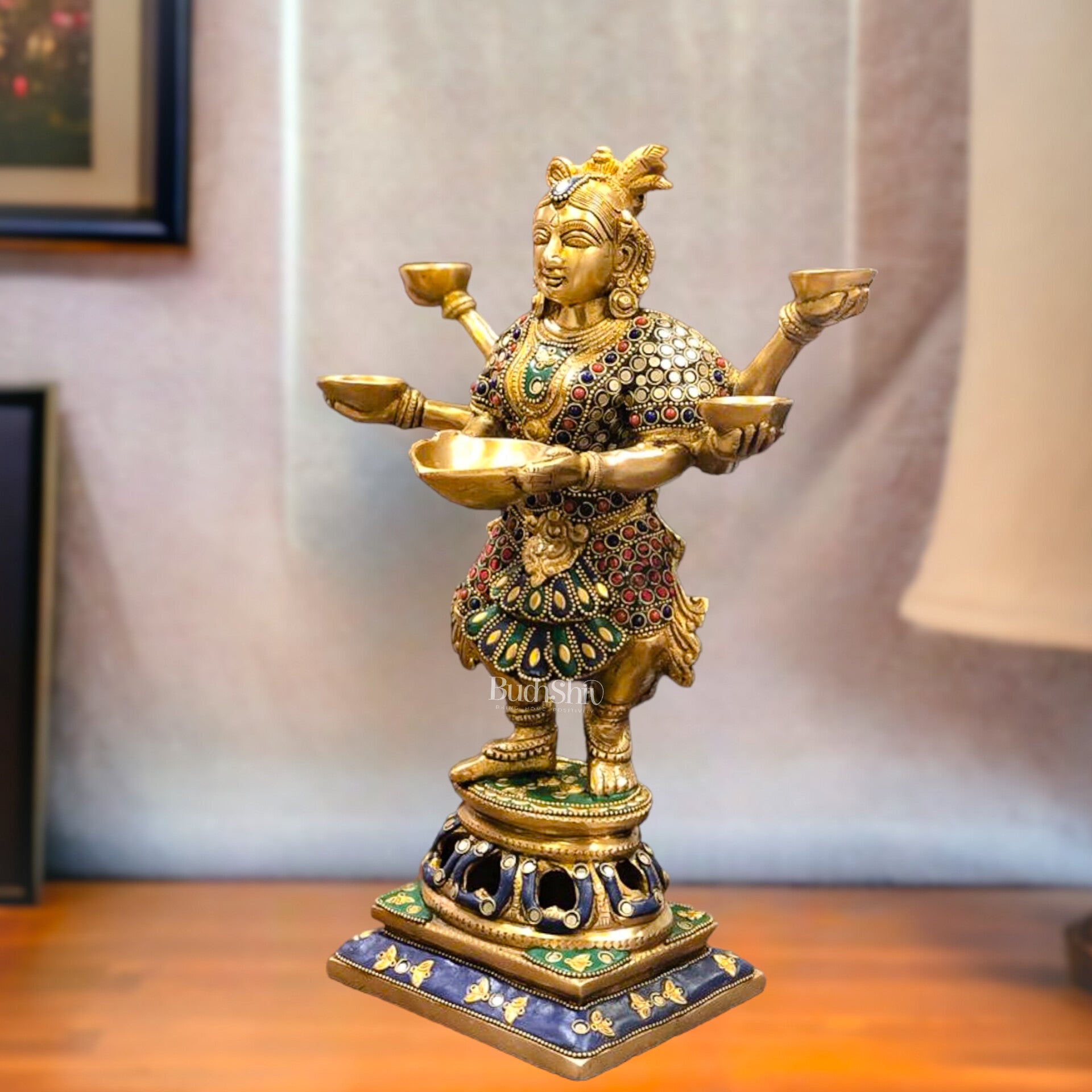 Exquisite Brass Deep Dancing Deep Lakshmi Pavaai Vilakku | 6 Arms | 14-inch SW - Budhshiv.com