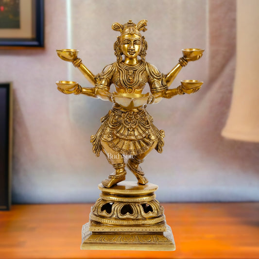 Exquisite Brass Deep Dancing Deep Lakshmi Pavaai Vilakku | 6 Arms | 14-inch - Budhshiv.com