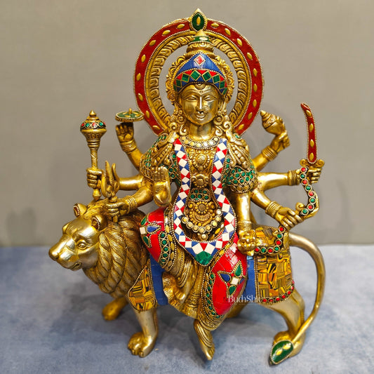 Exquisite Brass Durga Mata Idol | Devi Durga Sculpture | 15" stonework - Budhshiv.com