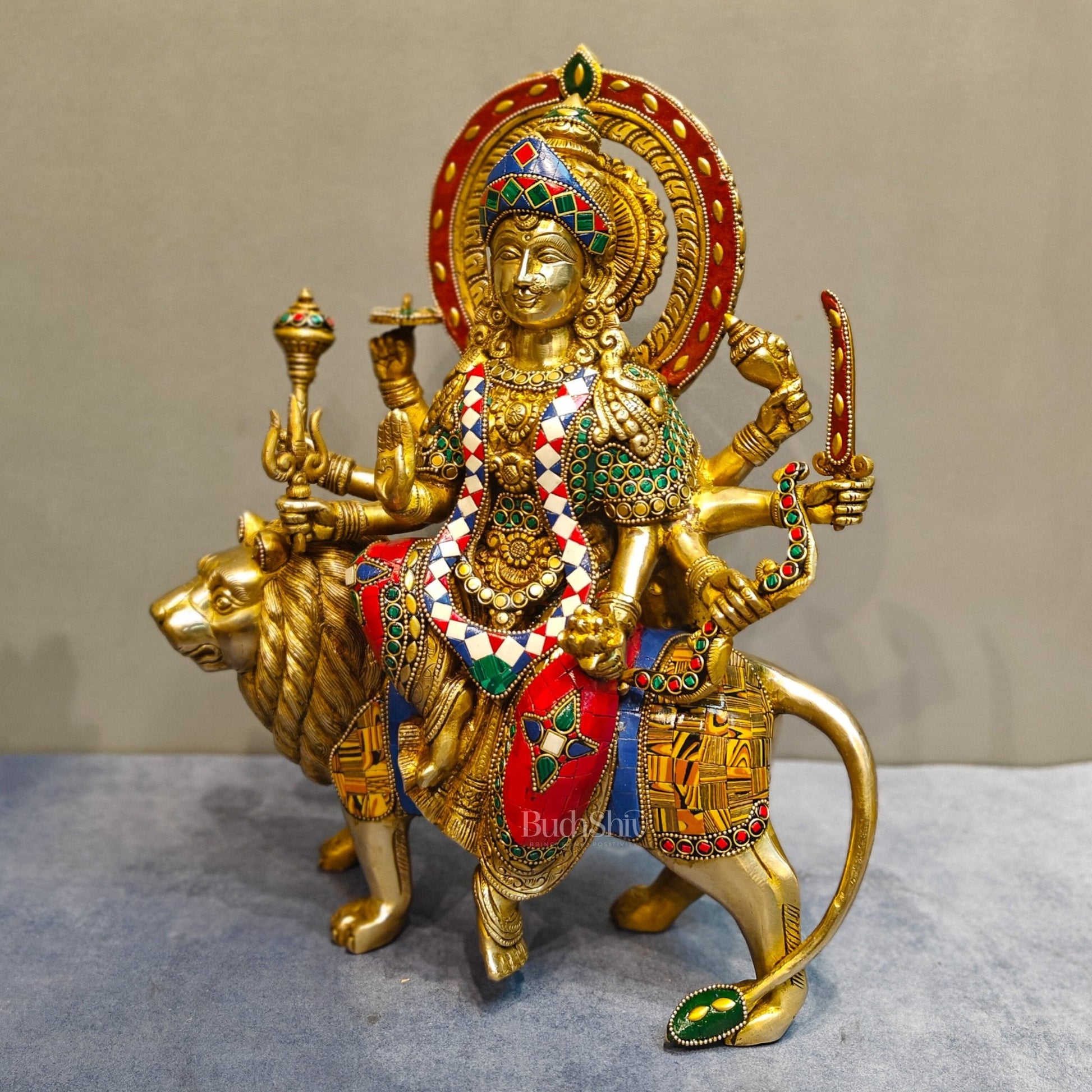 Exquisite Brass Durga Mata Idol | Devi Durga Sculpture | 15" stonework - Budhshiv.com