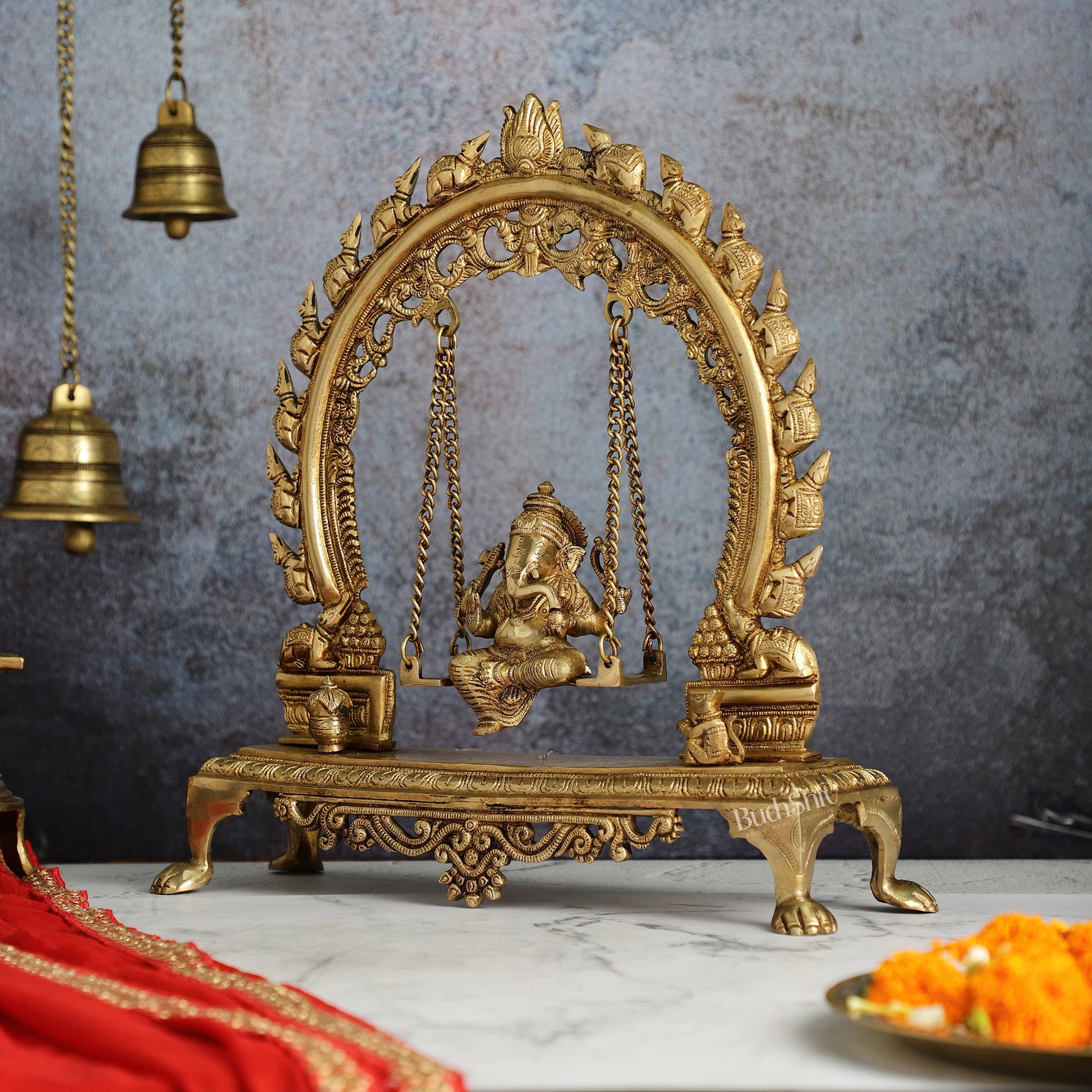 Exquisite Brass Ganesha swing with Mouse Frame | 16" Height | Handcrafted - Budhshiv.com