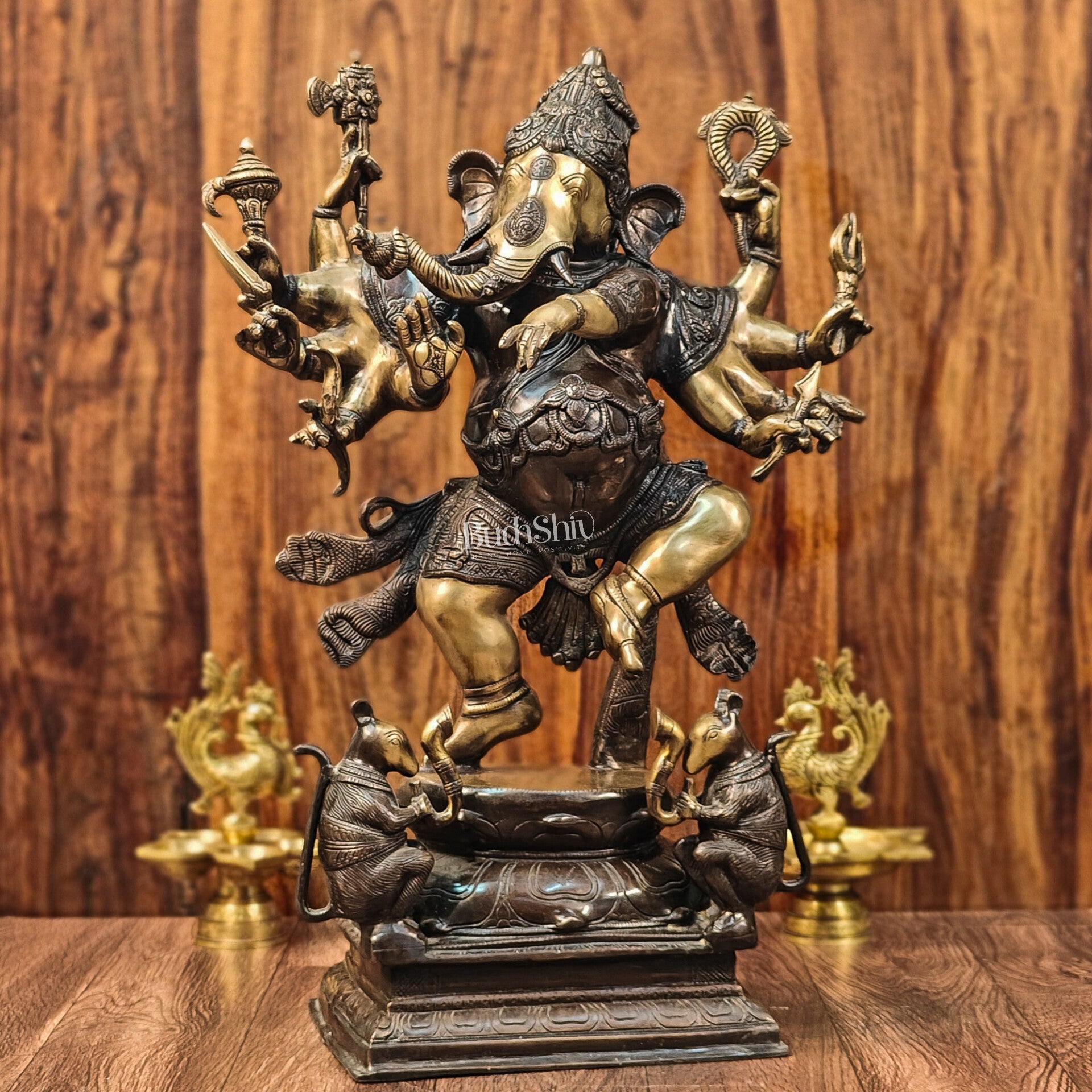 Exquisite Brass Handcrafted Dancing Ganesha Statue | Ten arms 26" - Budhshiv.com