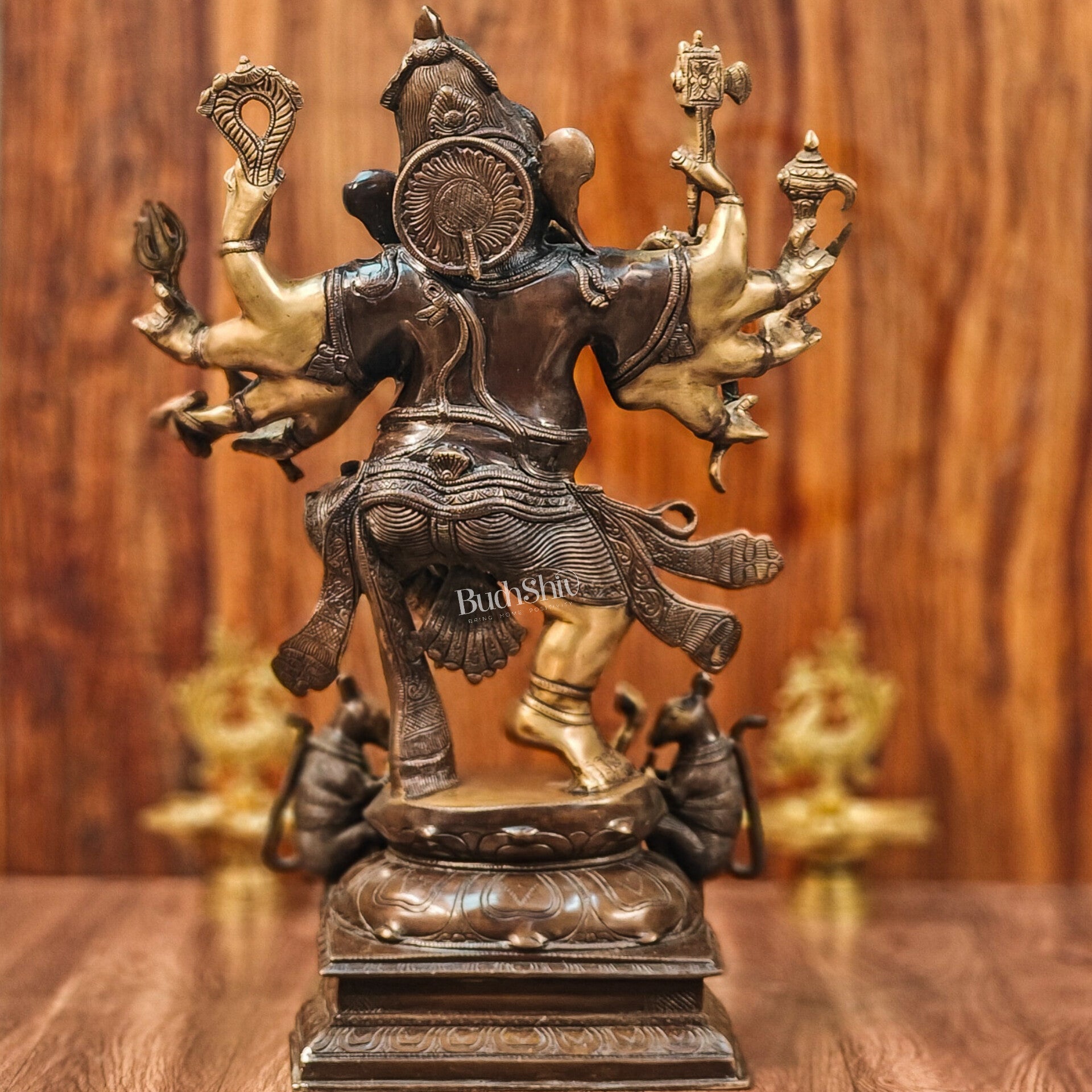 Exquisite Brass Handcrafted Dancing Ganesha Statue | Ten arms 26" - Budhshiv.com