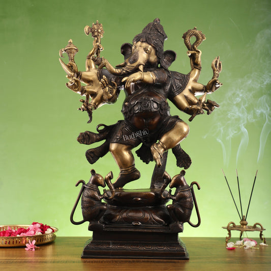 Exquisite Brass Handcrafted Dancing Ganesha Statue | Ten arms 26" - Budhshiv.com