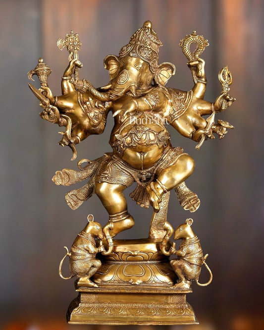 Exquisite Brass Handcrafted Dancing Ganesha Statue | Ten arms 26" - Budhshiv.com