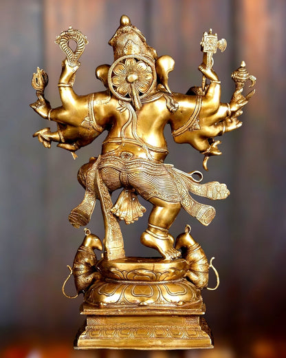 Exquisite Brass Handcrafted Dancing Ganesha Statue | Ten arms 26" - Budhshiv.com