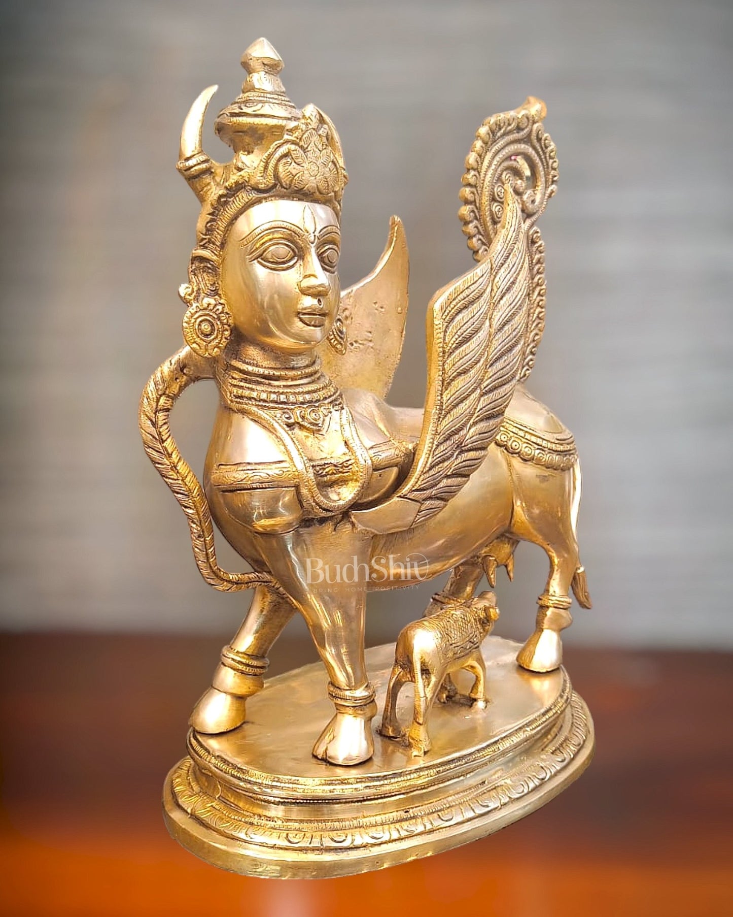 Exquisite Brass Kamdhenu Cow with calf Statue | 16.5" - Budhshiv.com
