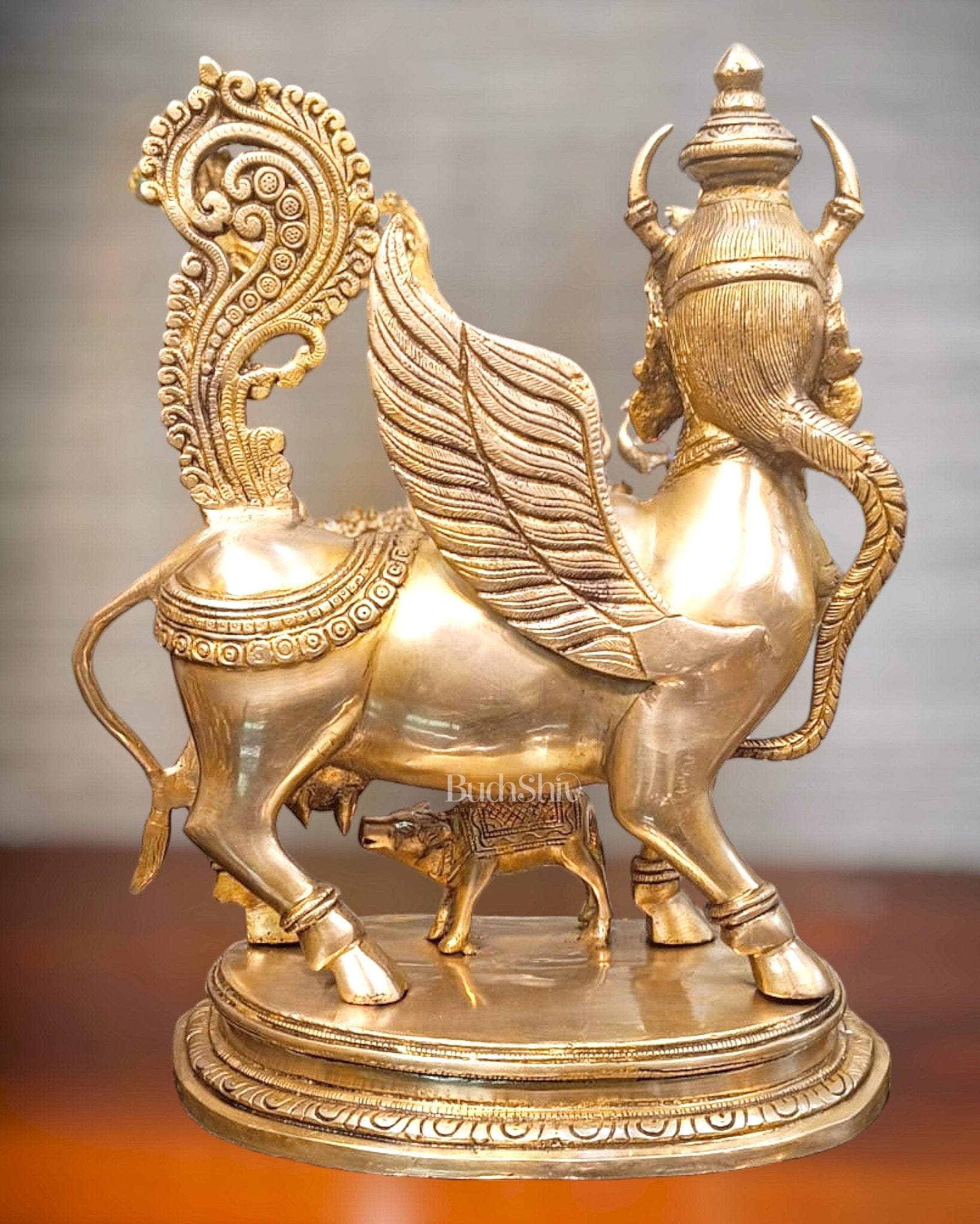 Exquisite Brass Kamdhenu Cow with calf Statue | 16.5" - Budhshiv.com