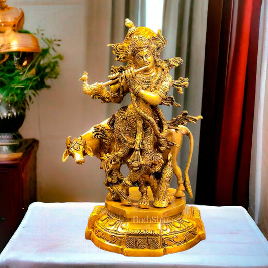 Exquisite Brass Krishna with Cow Idol | 12" Hindu Deity Sculpture - Budhshiv.com