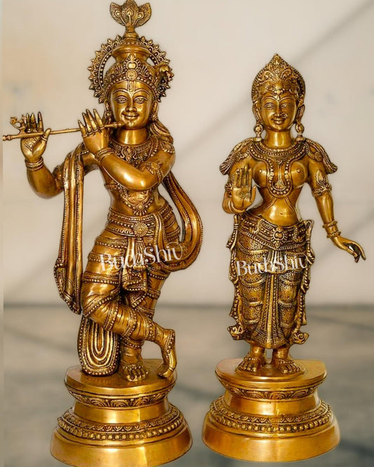 Exquisite Brass Lord Krishna and Goddess Radha Statue Pair - 36 inches - Budhshiv.com