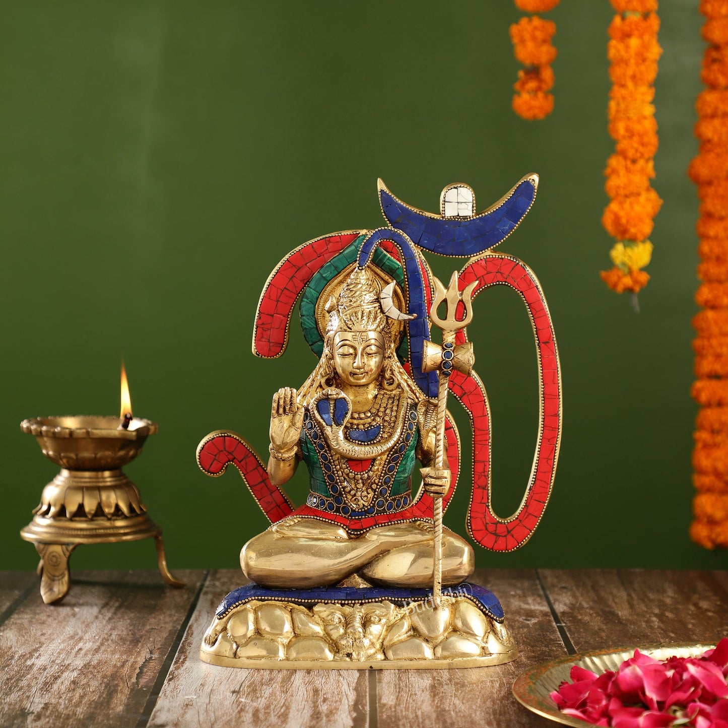 Exquisite Brass Lord Shiva Statue with Meenakari Stonework | 12" Height - Budhshiv.com