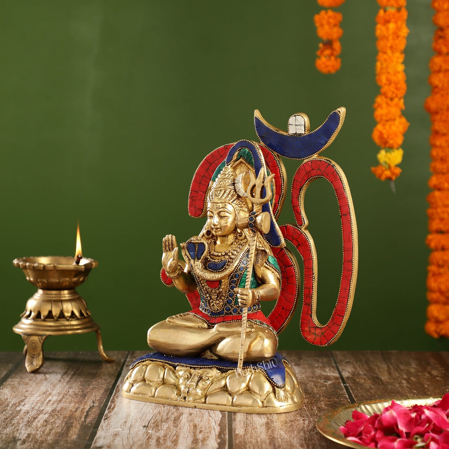 Exquisite Brass Lord Shiva Statue with Meenakari Stonework | 12" Height - Budhshiv.com