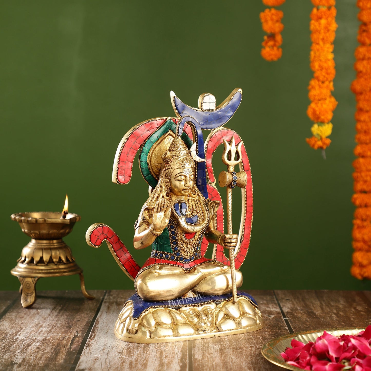 Exquisite Brass Lord Shiva Statue with Meenakari Stonework | 12" Height - Budhshiv.com