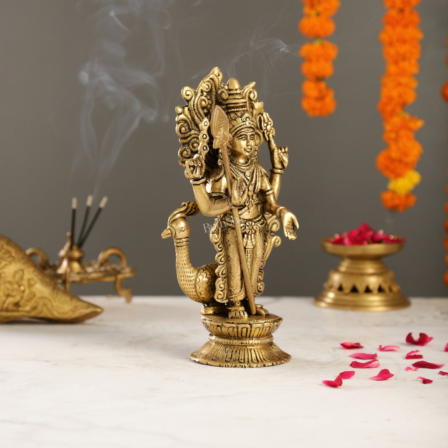 Exquisite Brass Murugan Swamy Idol | Kumaraswamy Kartikeya Statue - 10 Inch - Budhshiv.com