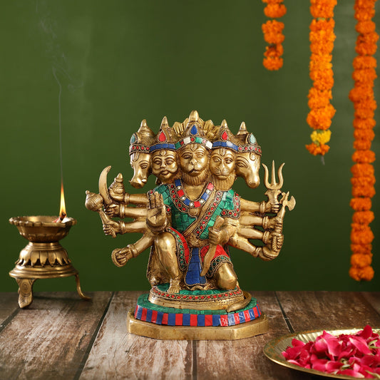 Exquisite Brass Panchmukhi Hanuman Statue with Stonework | 11.5" Height - Budhshiv.com