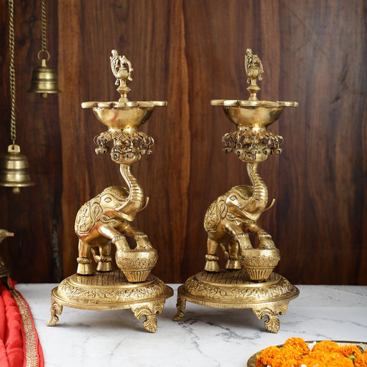 Exquisite Brass Peacock and Dancing Elephant Lamp Pair | 18" Height | Handcrafted Décor - Budhshiv.com