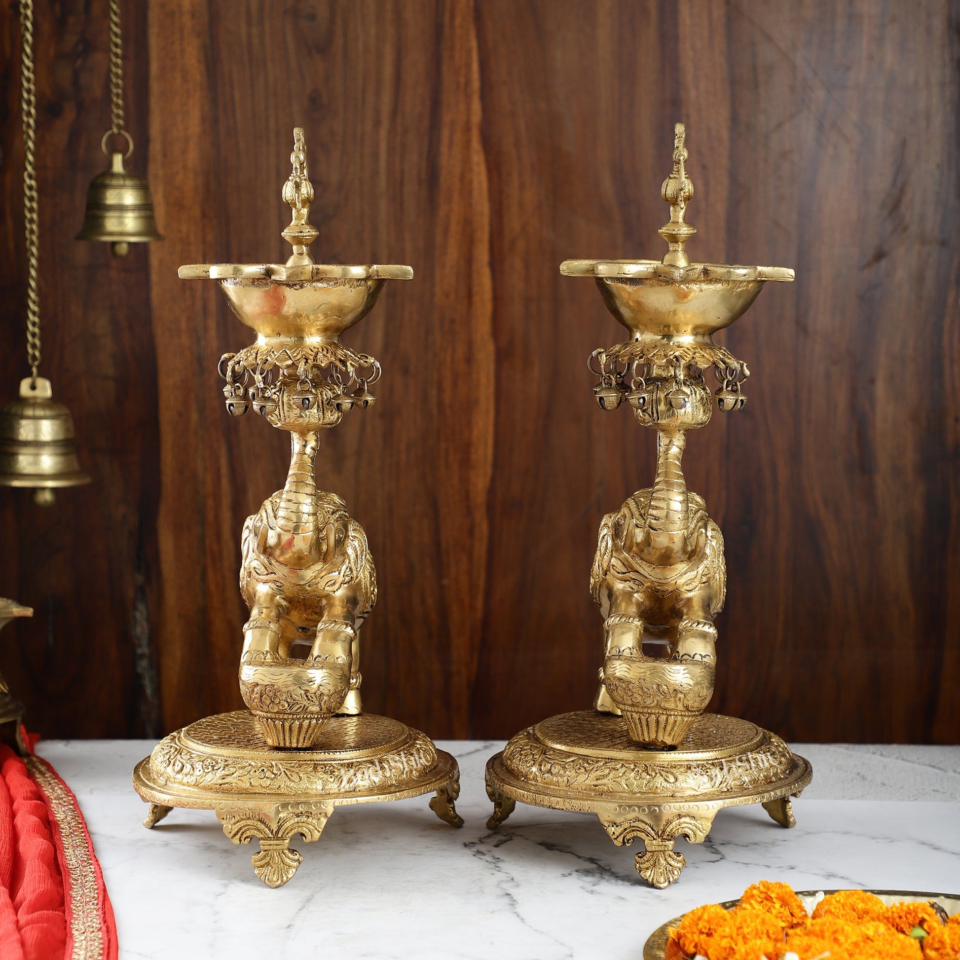 Exquisite Brass Peacock and Dancing Elephant Lamp Pair | 18" Height | Handcrafted Décor - Budhshiv.com
