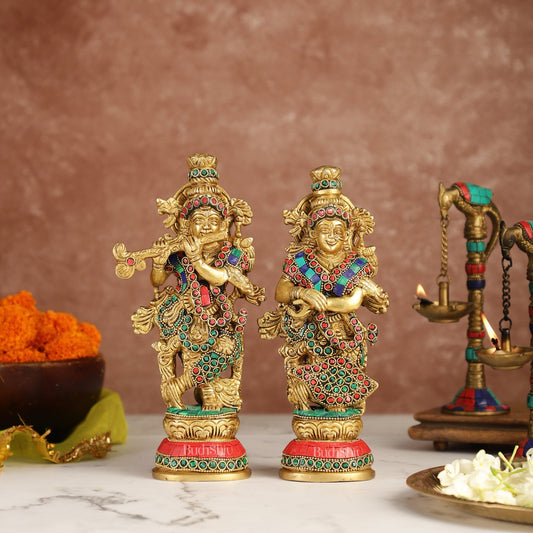 Exquisite Brass Radha Krishna Idol Pair with Stonework 9 inch - Budhshiv.com