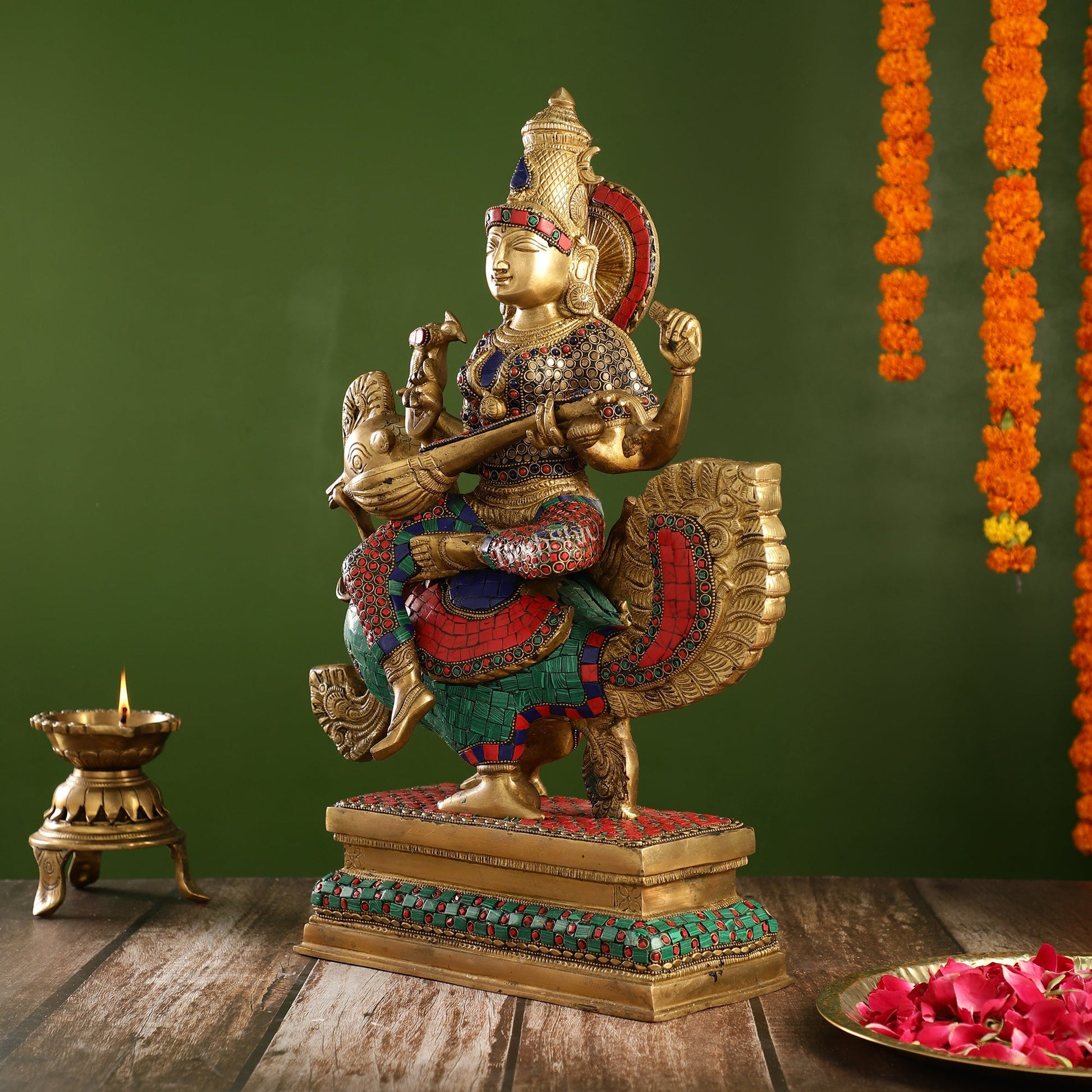 Exquisite Brass Saraswati Statue | 19.5" Height - Budhshiv.com