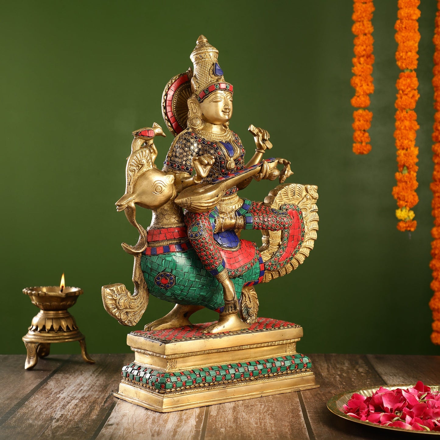 Exquisite Brass Saraswati Statue | 19.5" Height - Budhshiv.com