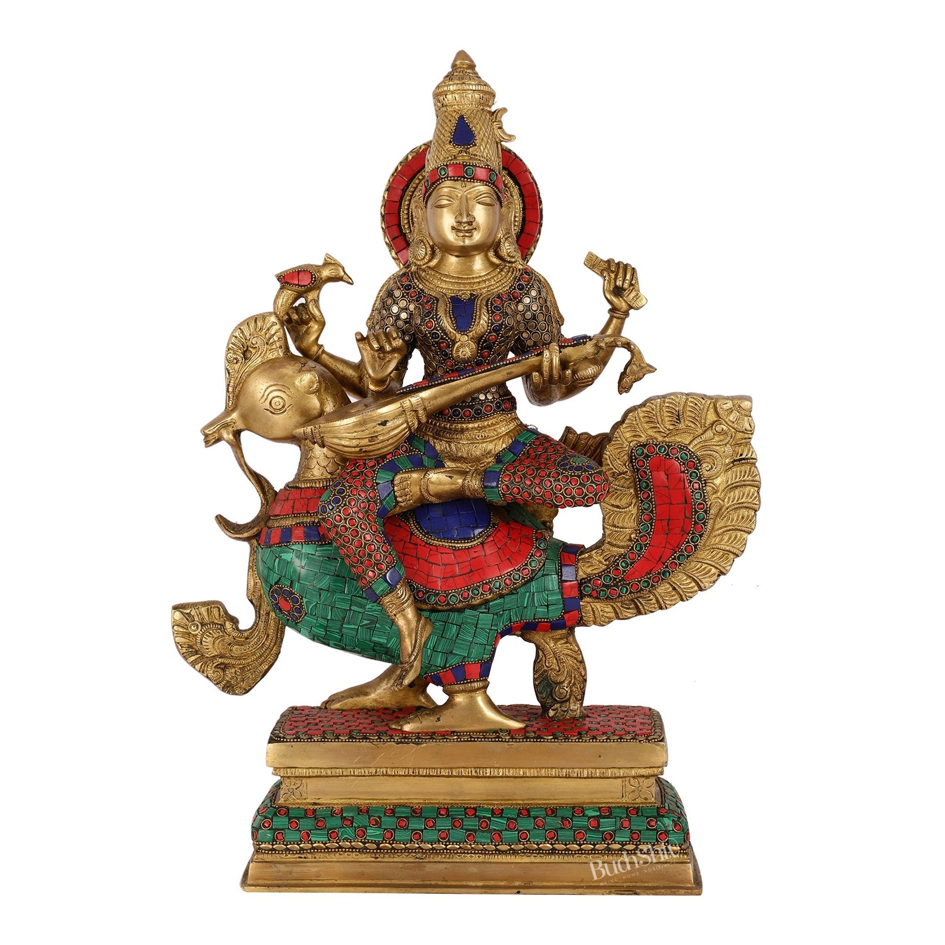 Exquisite Brass Saraswati Statue | 19.5" Height - Budhshiv.com