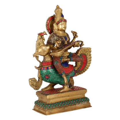 Exquisite Brass Saraswati Statue | 19.5" Height - Budhshiv.com