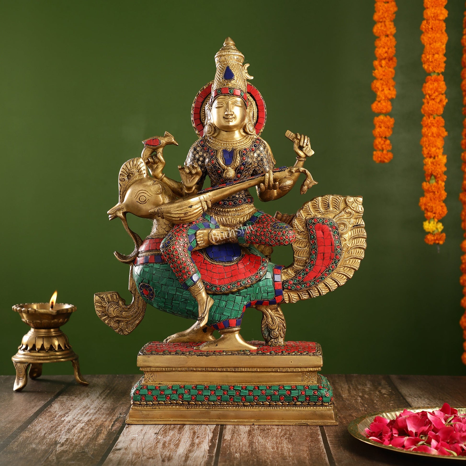 Exquisite Brass Saraswati Statue | 19.5" Height - Budhshiv.com